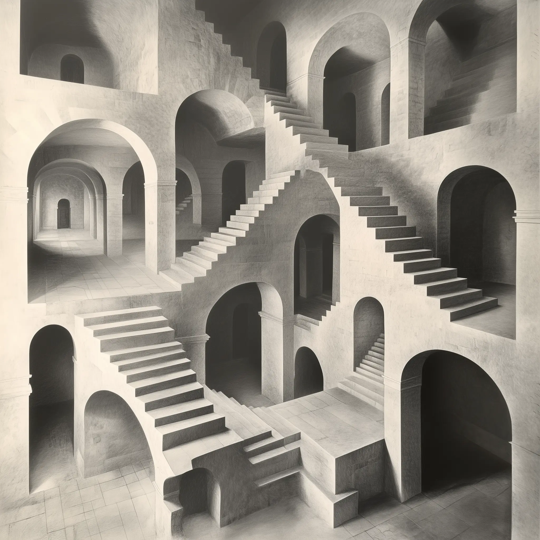 A photograph of a room with impossible staircases in the style of M.C. Escher.