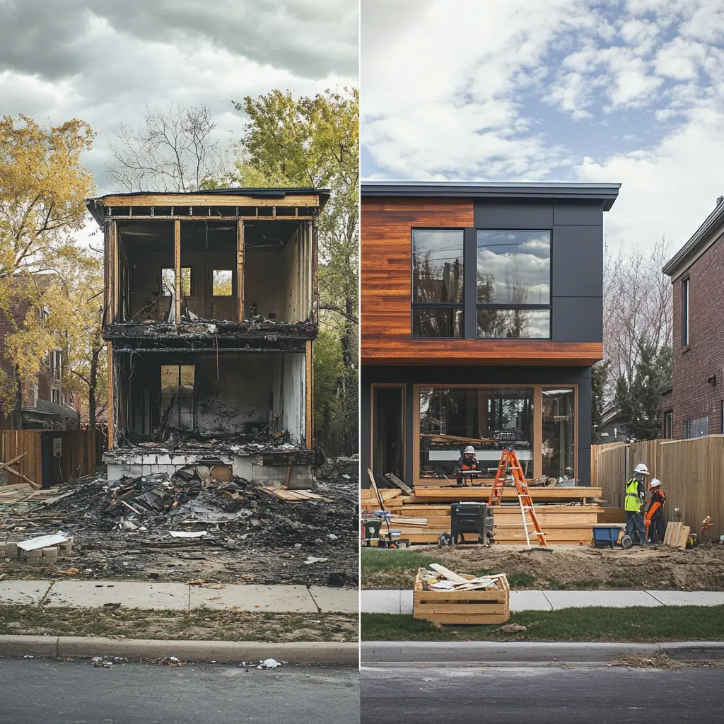 A split-image showing a fire-damaged house on one side and a fully restored home with modern design elements and an ADU on the other.