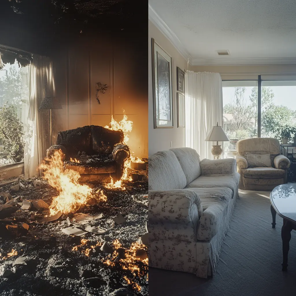 A dramatic image contrasting a fire-damaged living room with a fully restored version, highlighting the power of restoration.