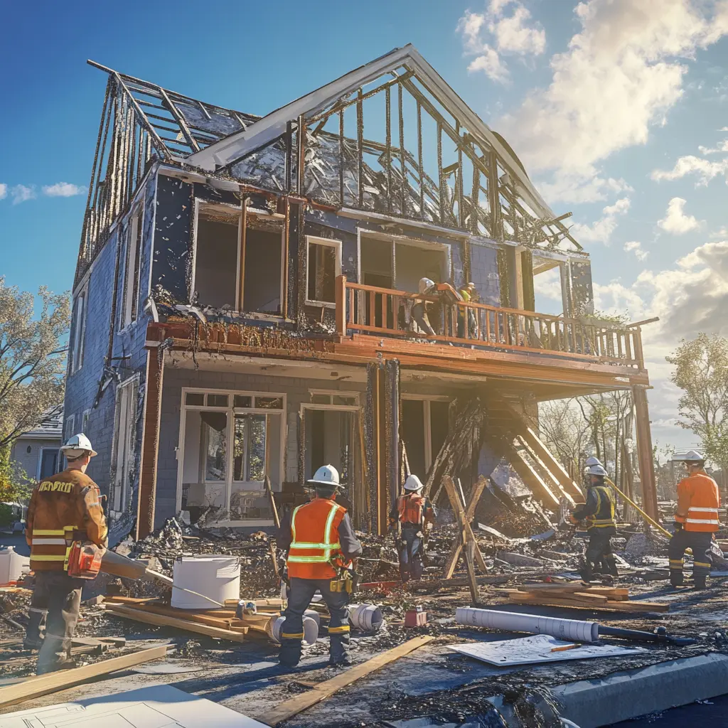 A team of construction workers repairing a fire-damaged house, with a team in the background working on 3D renderings for an ADU and commercial space.