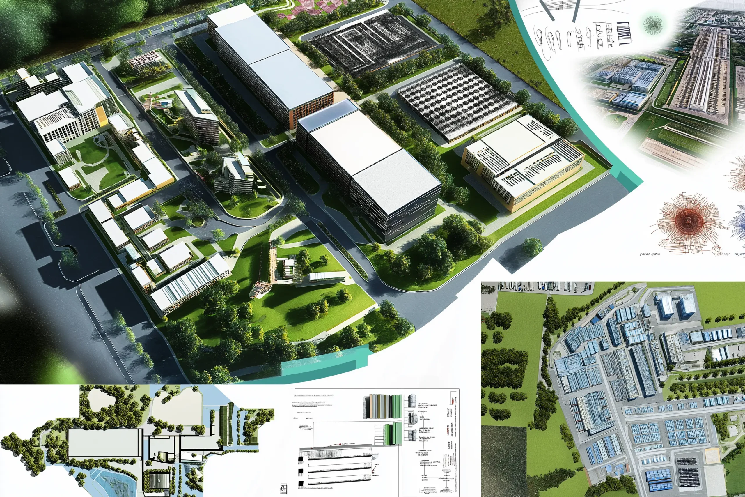 Sleek and Professional Industrial Park Architectural Presentation Board A clean and professional architectural presentation board for an industrial park, featuring floor plans, elevations, and 3D renderings.