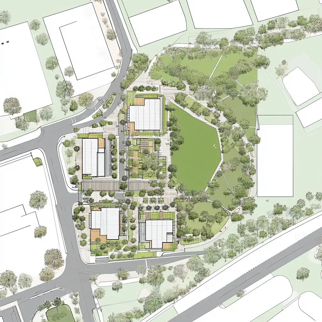 Urban Design Master Plan for a Lawson Development: Modern and Contemporary A conceptual rendering of a mixed-use development with residential towers, retail spaces, and a public plaza.