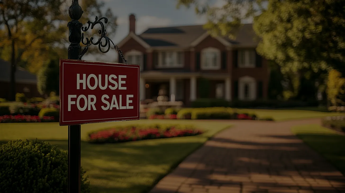 A close-up of a "FOR SALE" sign in front of a luxurious brick home with a meticulously landscaped front yard.