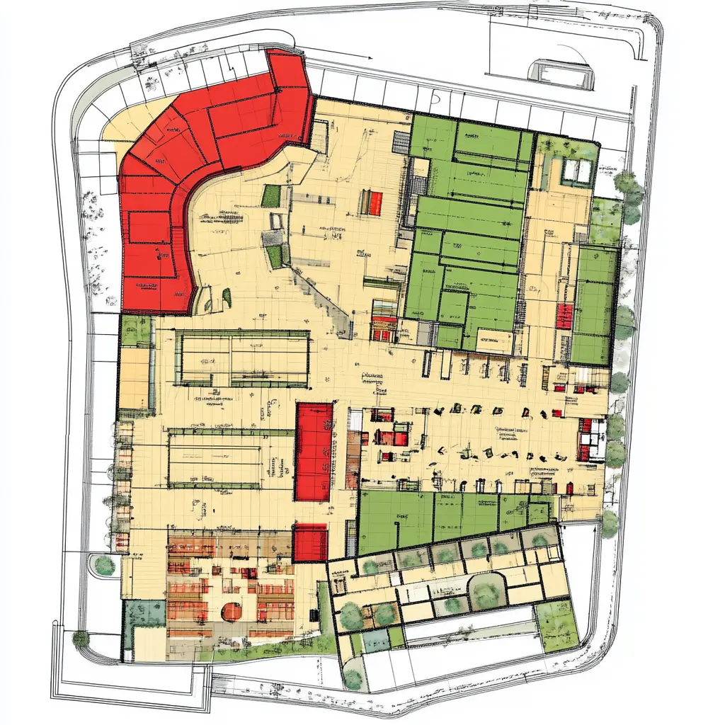 Vibrant Mall Floor Plan with Color-Coded Tenant Spaces A color-coded floor plan of a shopping mall, with tenant spaces highlighted in red, green, and yellow.