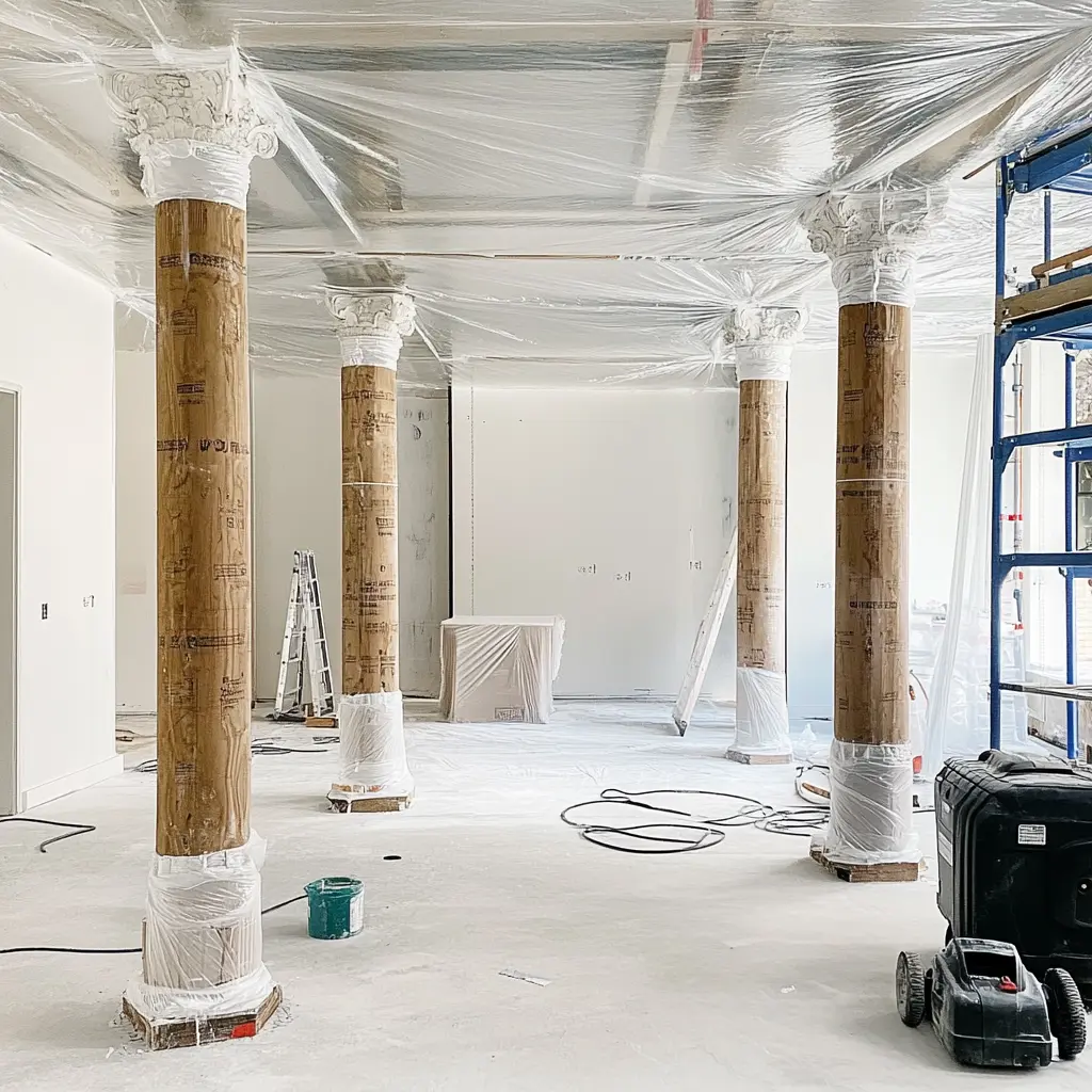 A room under construction with white walls, exposed metal studs, and reused wooden columns.