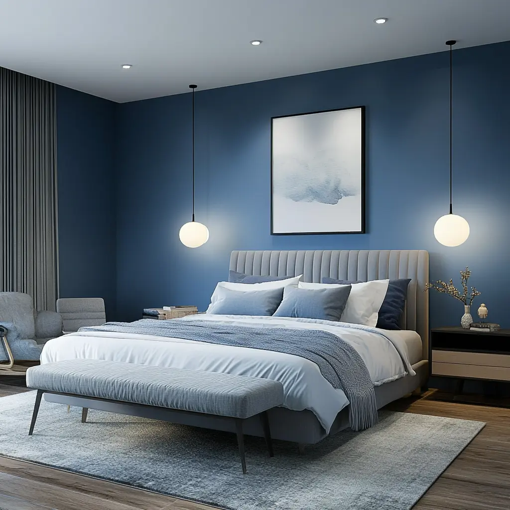 Modern Bedroom with a Pop of Blue A modern bedroom with a navy blue accent wall and minimalist furniture.