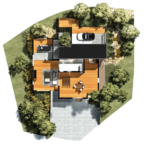 Top-down view of a modern house plan with three wings, built on a sloped lot.