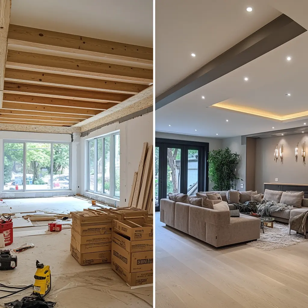 From Construction to Comfort: Montreal Carpentry Expertise A split-screen photo showing the transformation of an unfinished living room with exposed beams and construction materials into a beautifully decorated space with furniture, plants, and lighting fixtures Design.