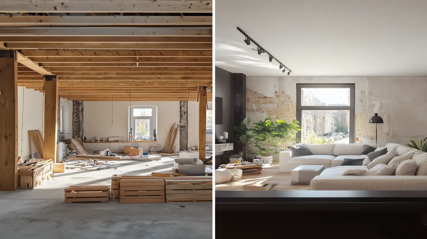 ome Renovation in Montreal: Before & After Split-screen photo showing the before and after of a living room renovation in Montreal.
