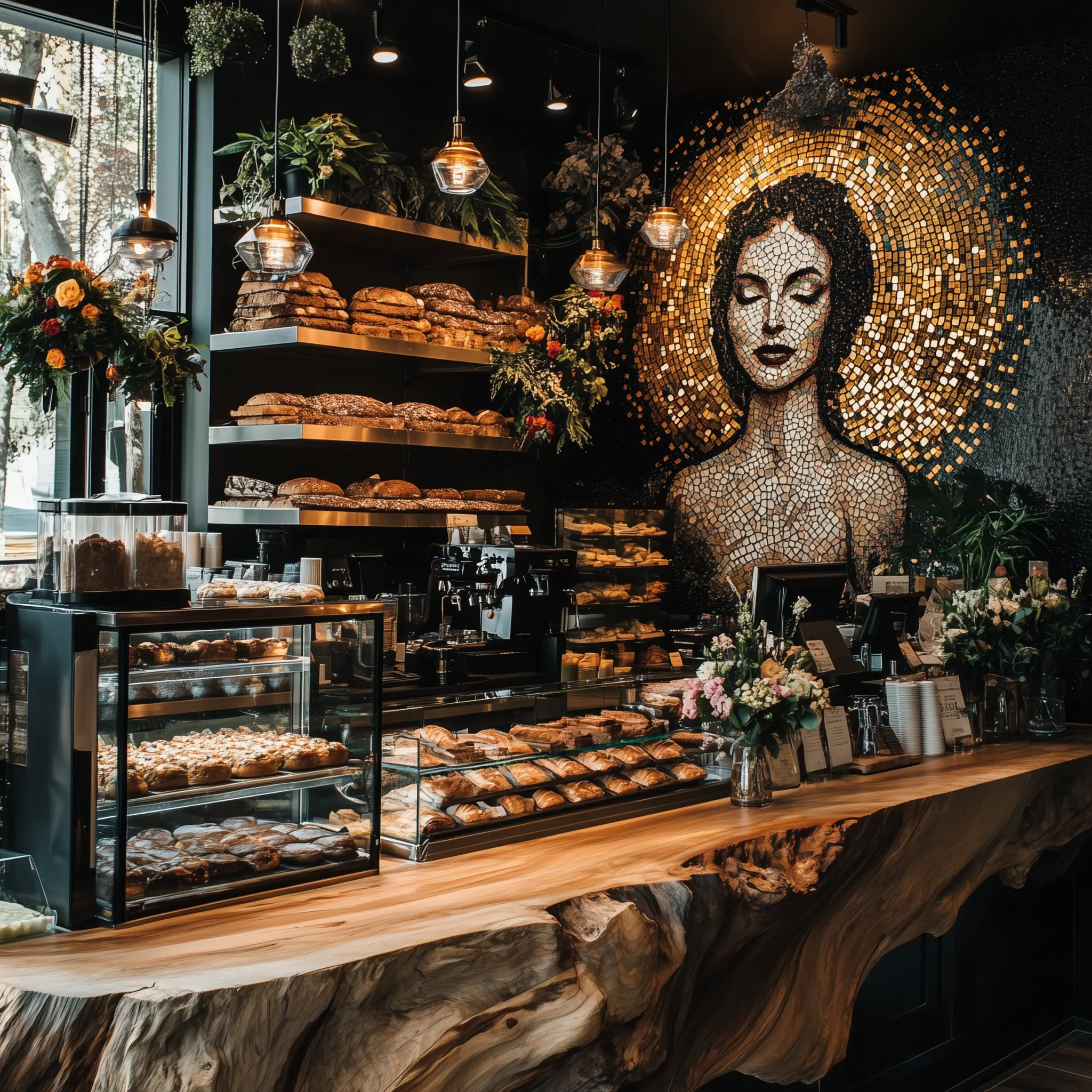 A close-up of a live edge wood counter in a dimly lit bakery, displaying rows of sandwiches.