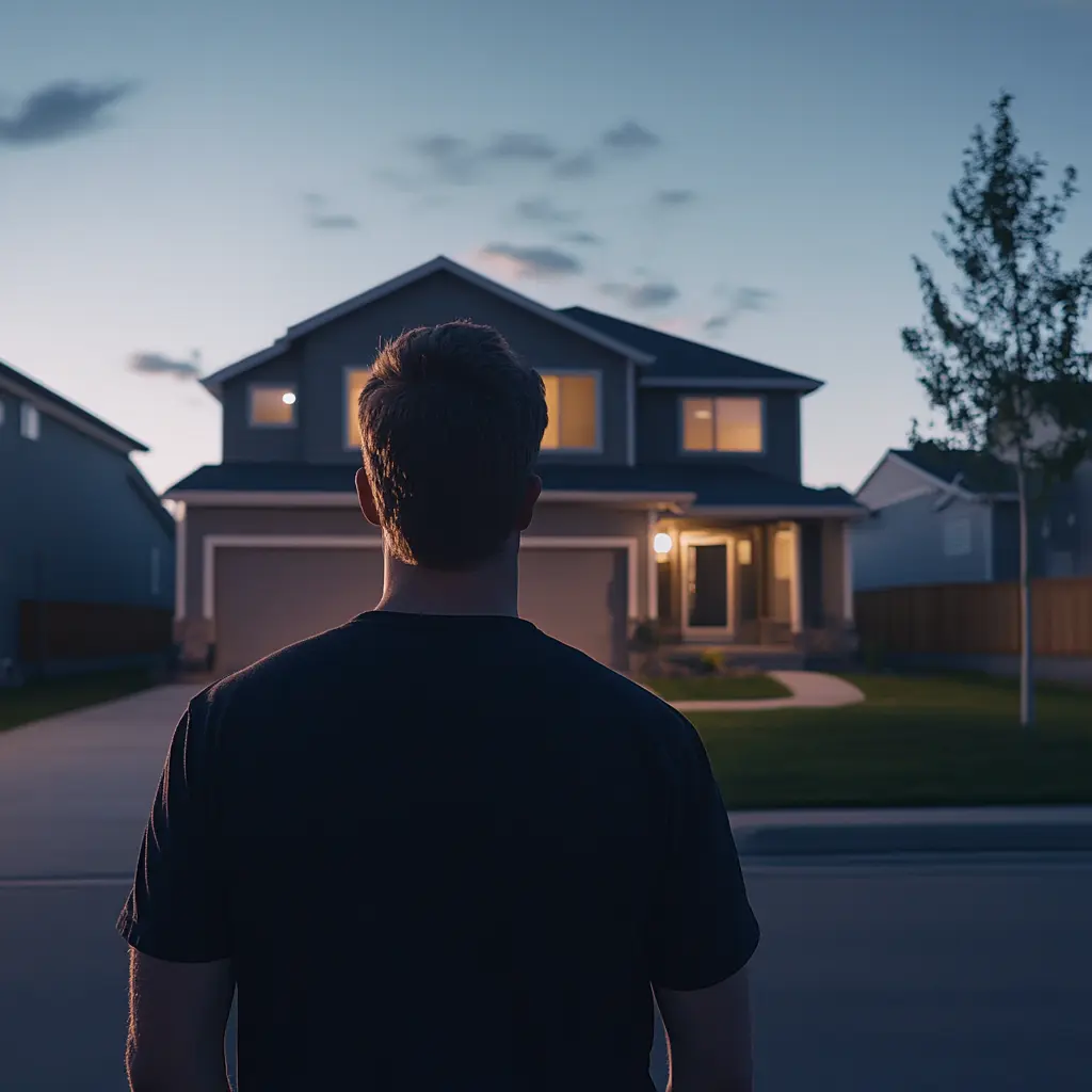 The Open Door: A Suburban Thriller A close-up view over the shoulder of a man looking across the street at a dark house with the front door open.