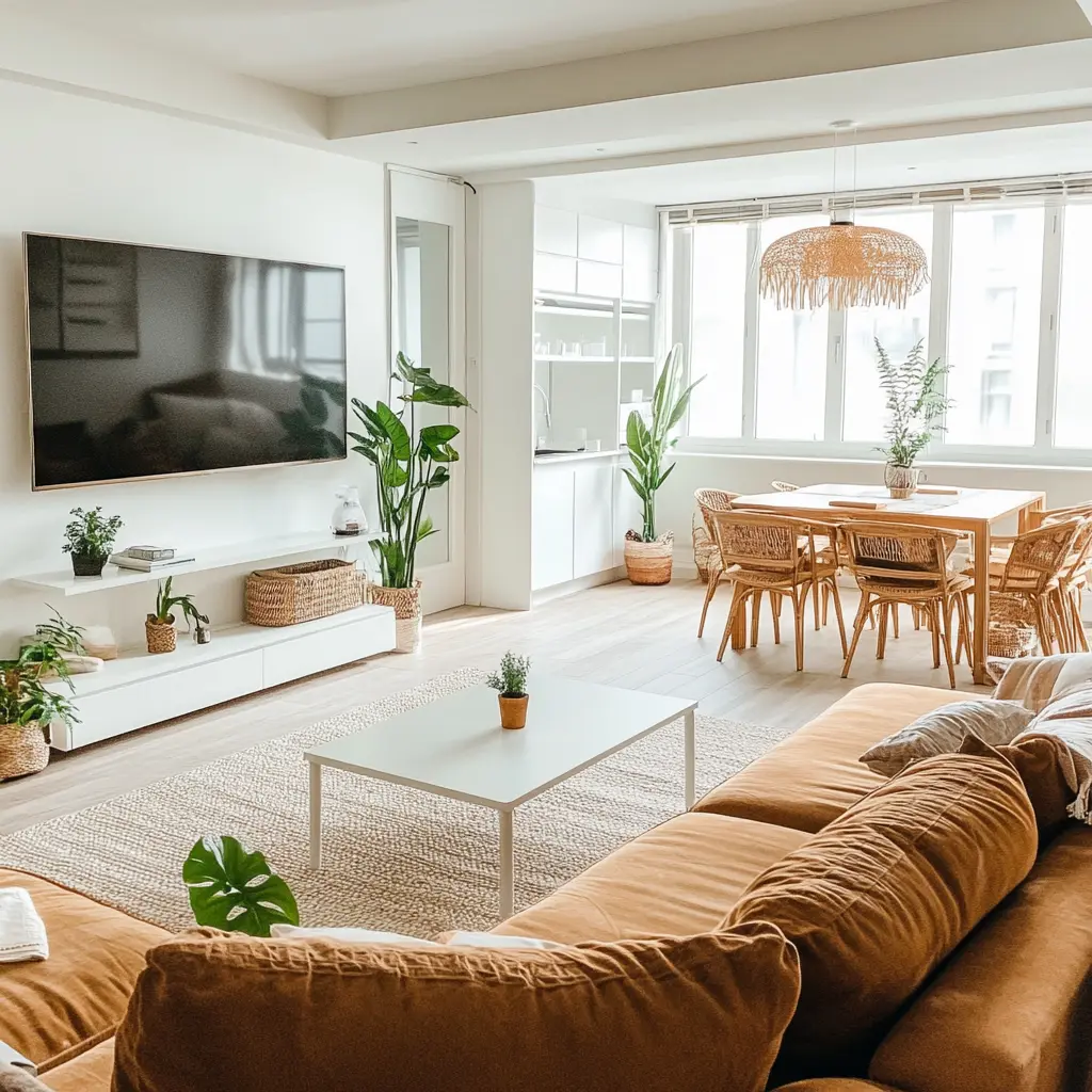 Open-Plan Living Room: Scandinavian Chic with a Tropical Touch Open-plan living room with a dining table, a large sofa, and a home office area.