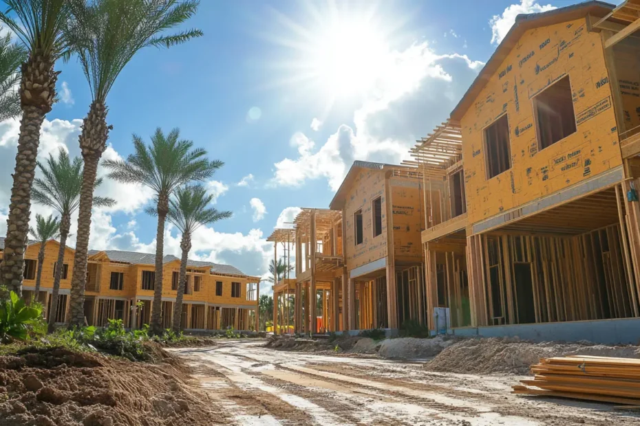 Architectural plans and images of duplexes and homes under construction in Orlando, Florida.