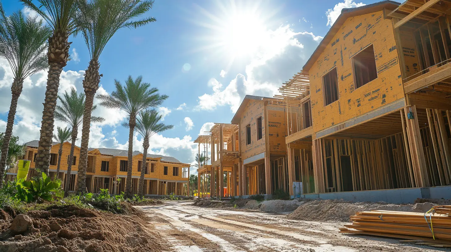 Architectural plans and images of duplexes and homes under construction in Orlando, Florida.