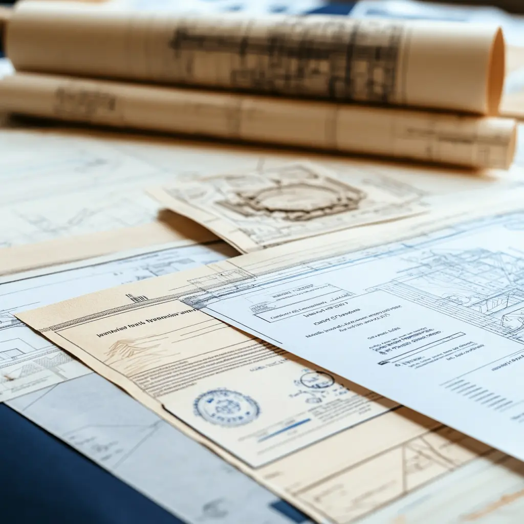 Professional Business Document Layout: Clean and Modern A professional photo layout of business documents with a dark blue background and subtle beige highlights permit.