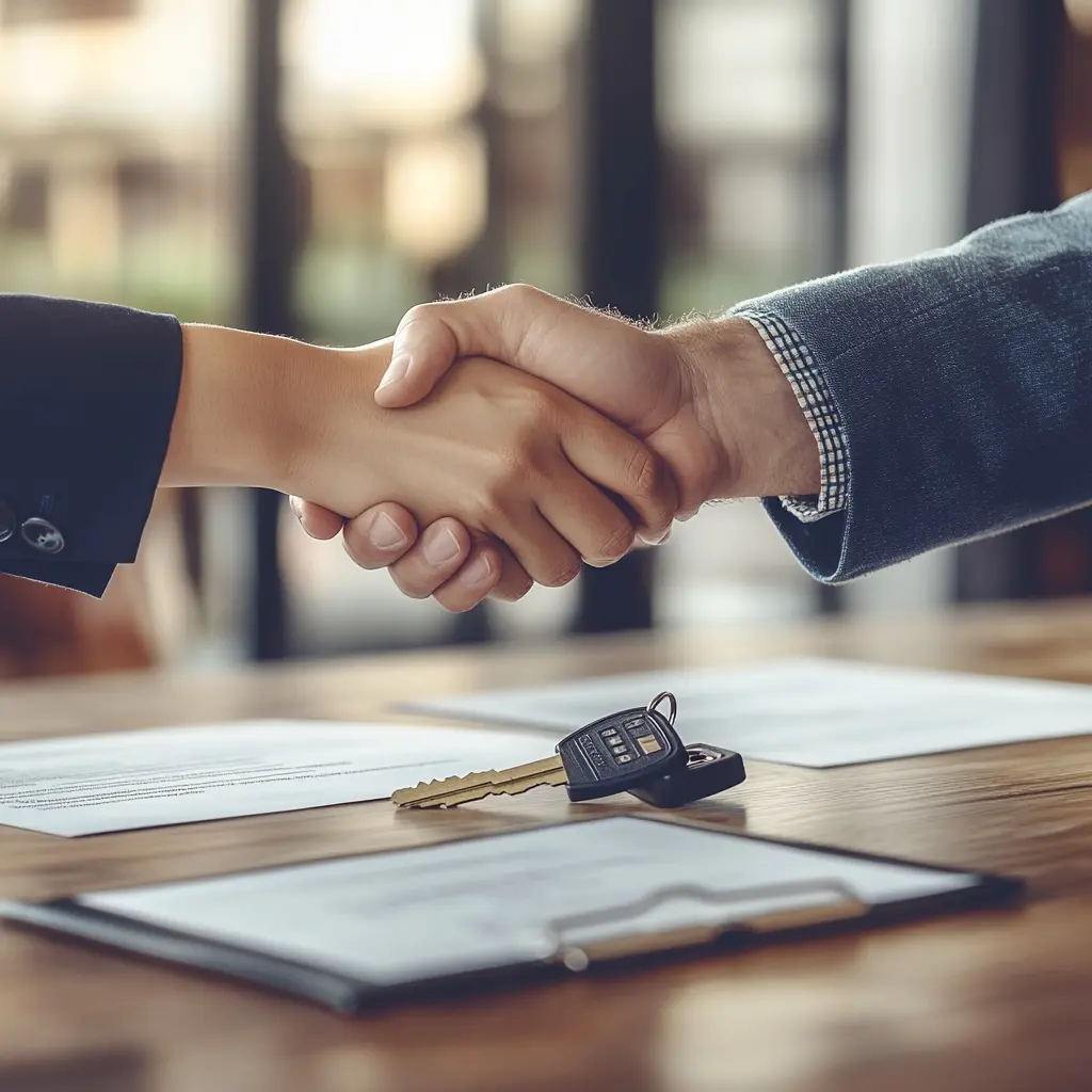Two people shaking hands across a desk with signed real estate documents and a set of keys commercial lease.