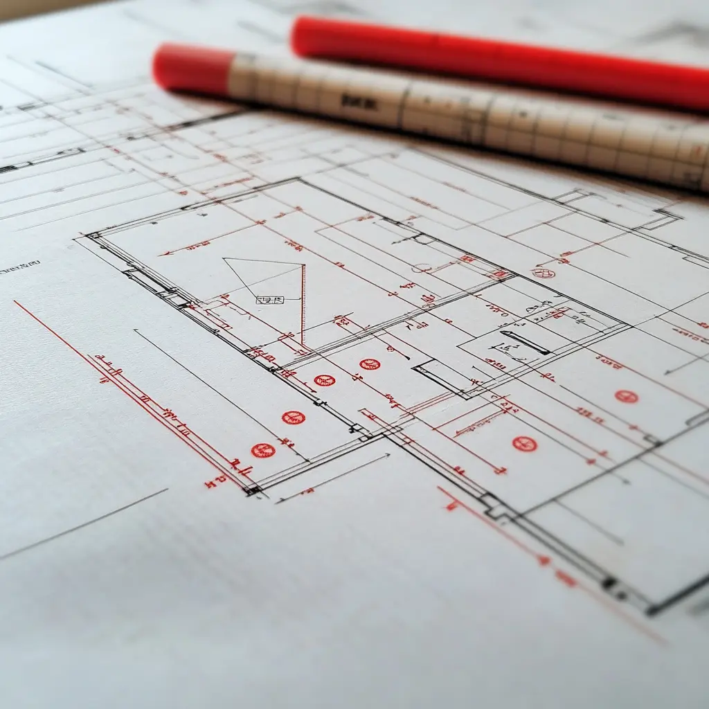 The Significance of Red Markings in Building Codes A red marking on a blueprint highlighting a specific construction detail As-Built.