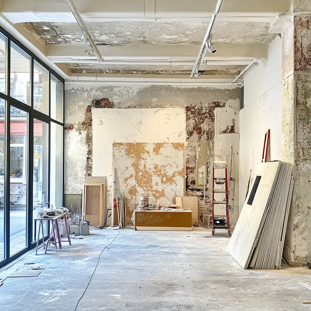 Construction workers renovating a retail store, with tools and materials scattered around.