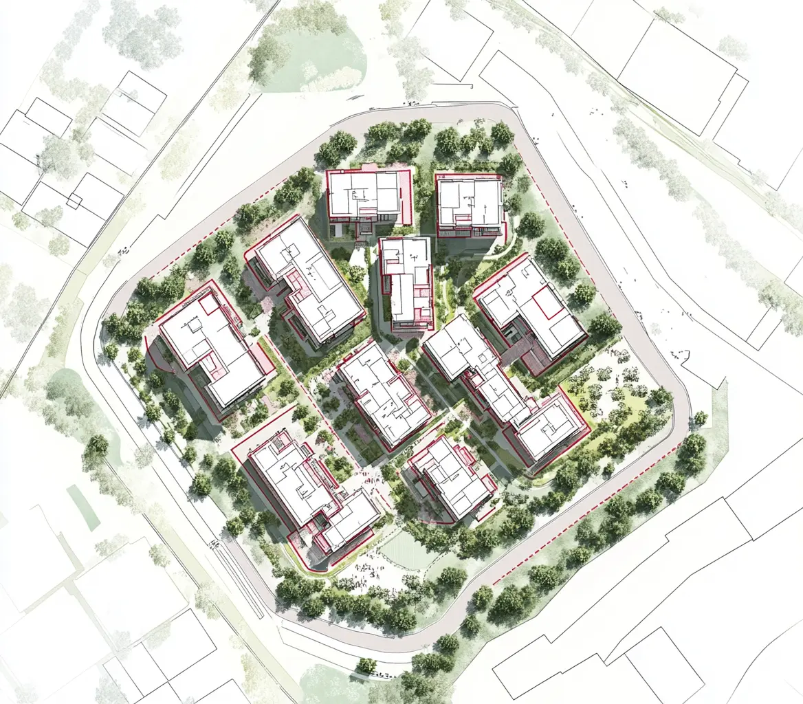 Site Plan for New Housing Development in South Korea Vector graphic site plan showing five buildings in a new housing development in South Korea with a red line highlighting three connected residential blocks for young children site plans.