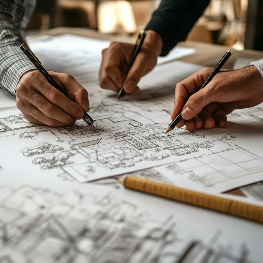 Urban Planners Collaborate on New City Designs Urban planners working together at a table, drawing a city layout plans