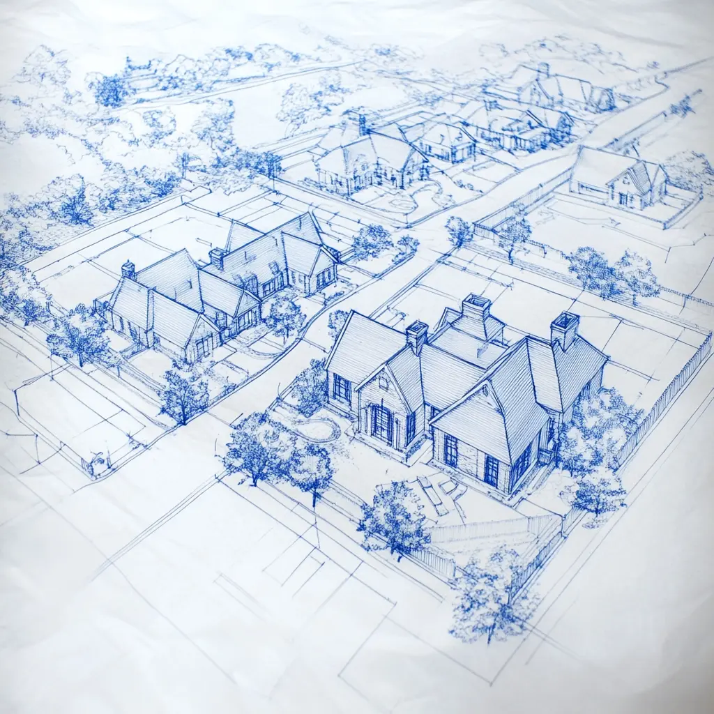 Professional Project Management Services A blueprint overlayed on an aerial view of a vacant lot.