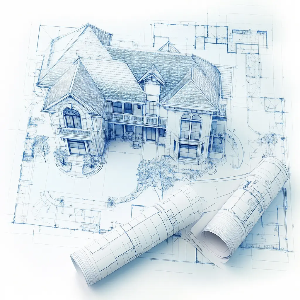 Top View Architectural Blueprint of a Villa A top view blueprint of a villa, isolated on a white background As-Built.
