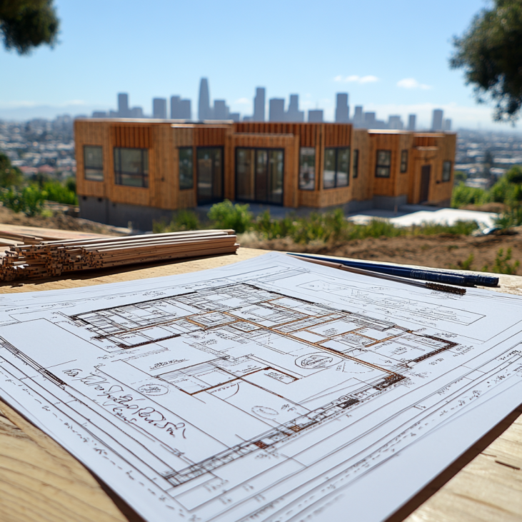 A construction site desk with blueprints and building permits next to a partially built ADU.
