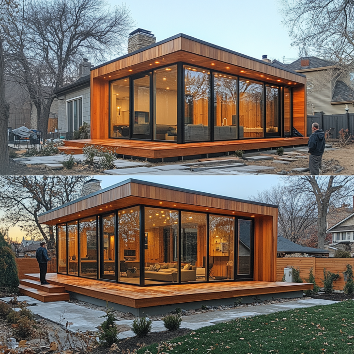 A partially built prefab ADU in a suburban backyard, with large windows and modern design.