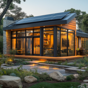 A prefab ADU with solar panels on the roof and energy-efficient windows.