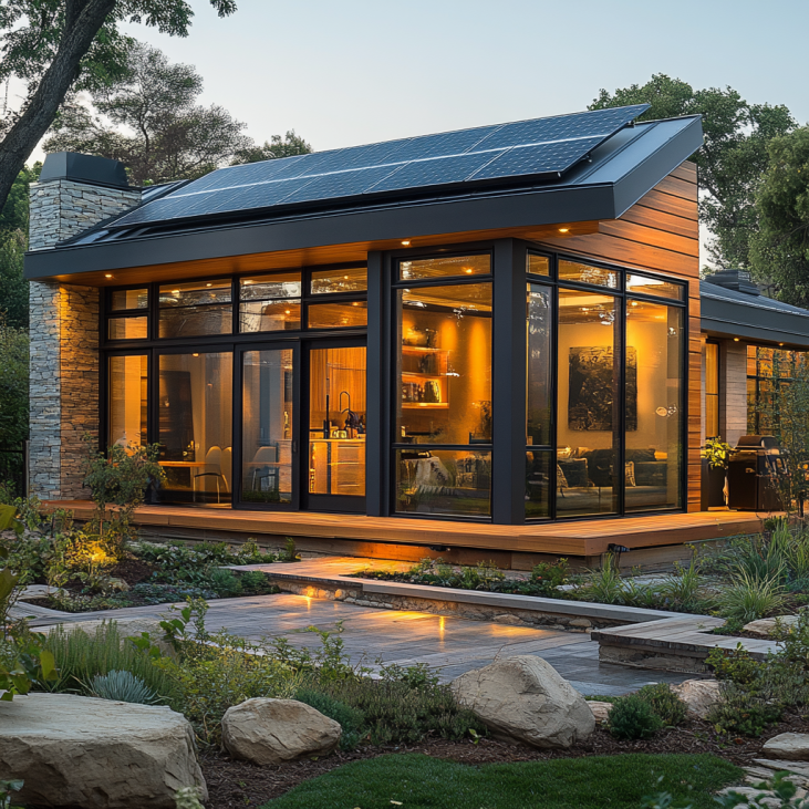 A prefab ADU with solar panels on the roof and energy-efficient windows.