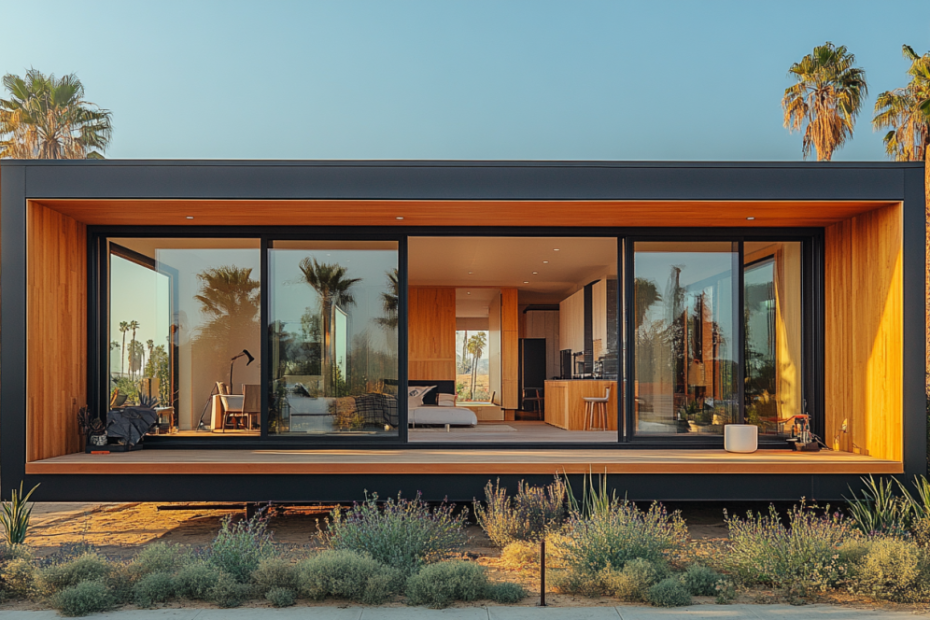 A modern prefab ADU with solar panels, showcasing sustainable living in California.