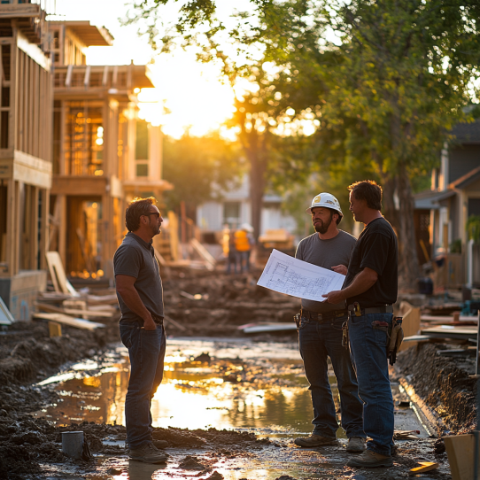 A contractor reviewing blueprints with a client at an ADU construction site.