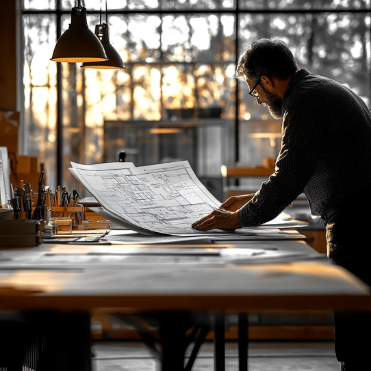 An architect reviewing ADU permit documents with a city official in Sacramento.