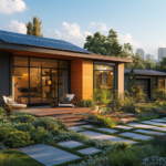 A modern prefab ADU with solar panels in a Sacramento suburb, showcasing clear skies and a hint of the city skyline.