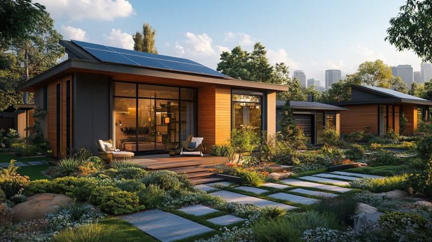 A modern prefab ADU with solar panels in a Sacramento suburb, showcasing clear skies and a hint of the city skyline.