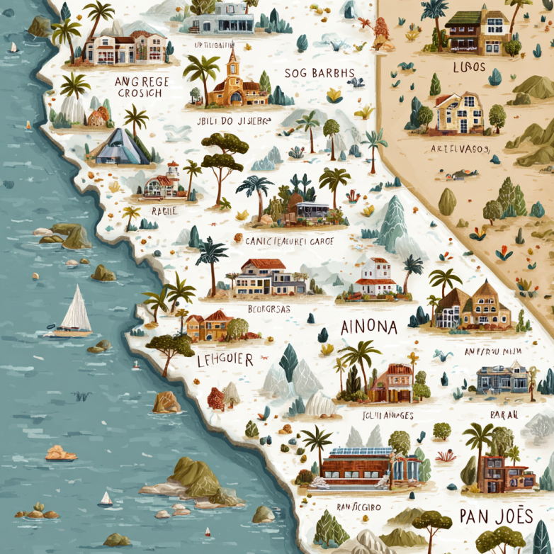 Illustrated map of Southern California cities