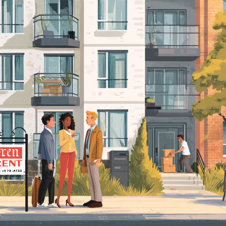 Couple meeting rental agent in front of apartment building