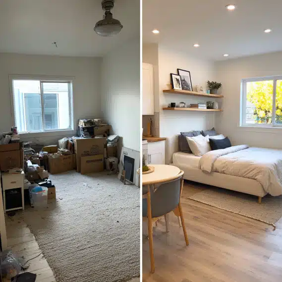 Before and after image of a room conversion to a modern ADU in Los Angeles