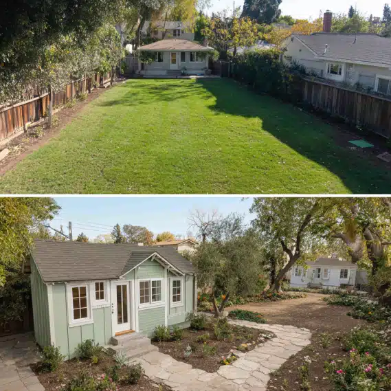 Aerial view showing before and after of a detached ADU construction in a Los Angeles backyard