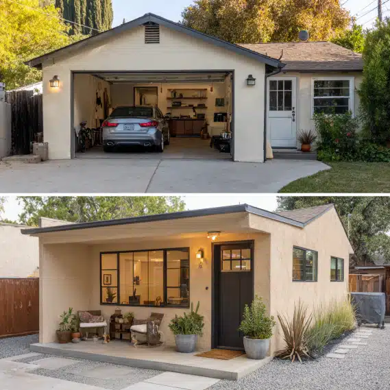 Before and after image of a garage converted into an ADU in Los Angeles