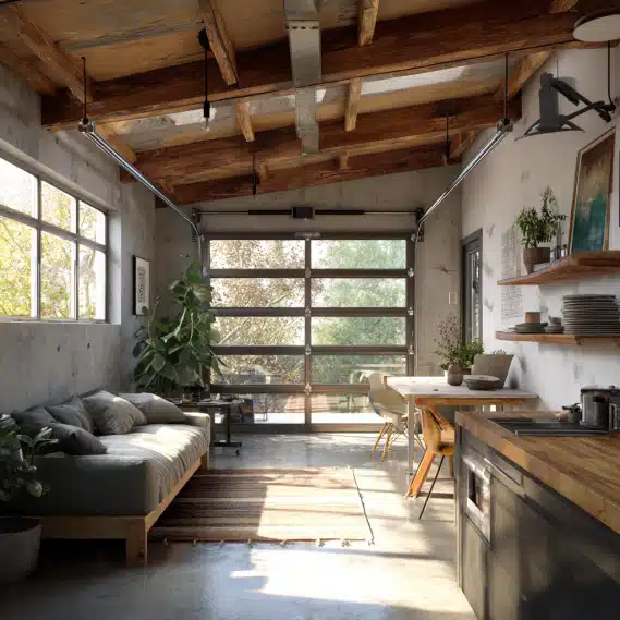 Interior of a garage room conversion showing exposed beams and modern decor