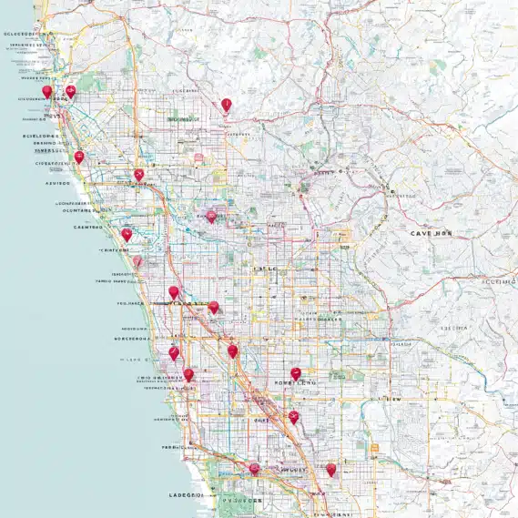 Top-down city map of Los Angeles with major freeways and neighborhoods