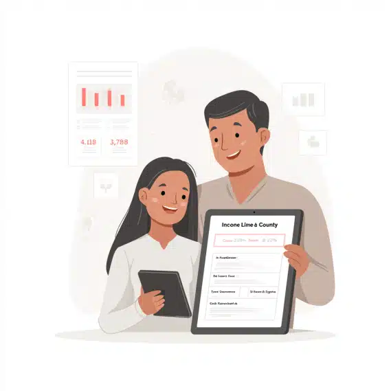 Hispanic couple reviewing CalHFA income limits chart by county on a tablet.