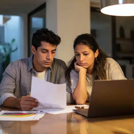 Young Hispanic couple reviewing their credit score on a laptop with a financial advisor and CalHFA brochure.