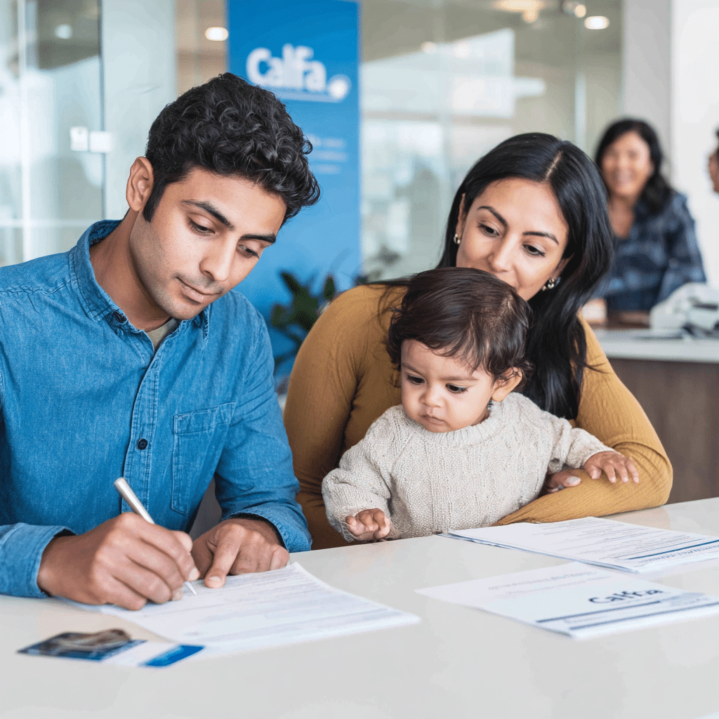 Hispanic family of three, first-time homebuyers, filling out a CalHFA application at a government office.