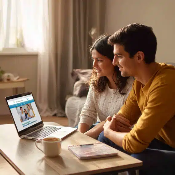 Hispanic couple watching an online CalHFA Homebuyer Education course on a laptop at home.