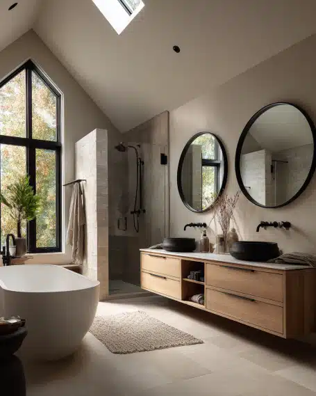 A sophisticated, California-style modern bathroom with a freestanding white bathtub and matte black fixtures, designed by a remodeling company.