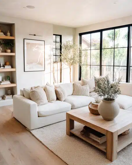 Beautiful California-style living room with a large linen sectional sofa and an indoor olive tree, showcasing a remodeling company's design work.