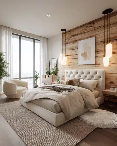 Stylish, modern California-inspired master bedroom with a king-size bed and tufted headboard, designed by a remodeling company.