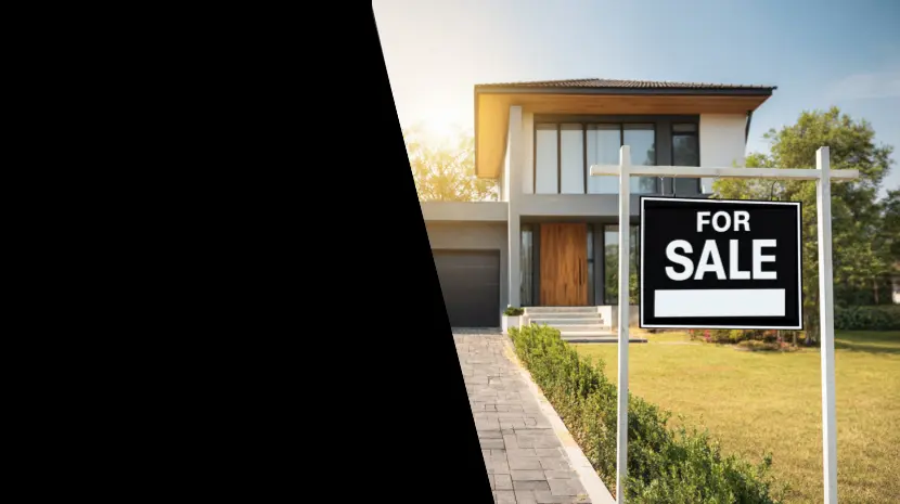 A For Sale home in a sunny suburban setting, next to a stark black void.